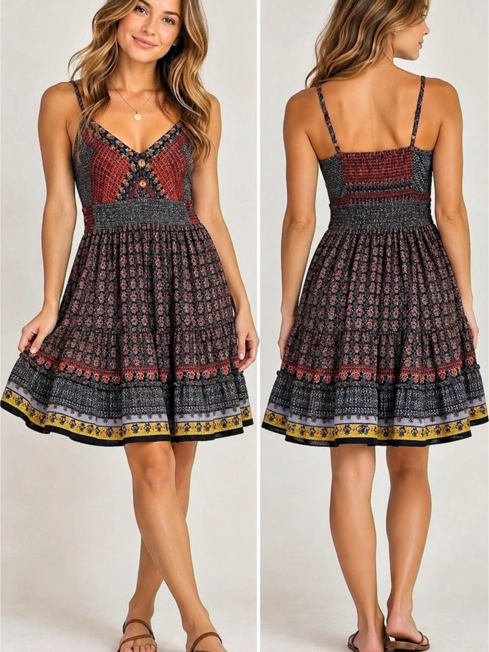 Devi Floral Mini Dress in Black & Red Size Small Like New